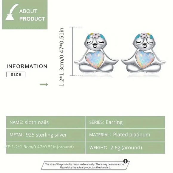 Sterling Silver Sloth Opal Stud Earrings - Picture 3 of 3